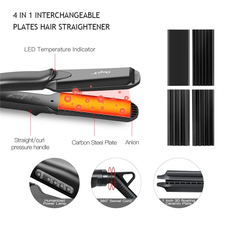 4-in-1Interchangeable Plates Fast Hair Straightener Flat Iron Electric Ceramic Hair Curler Crimper Corrugated Wave Hair Styling - Loja Winner
