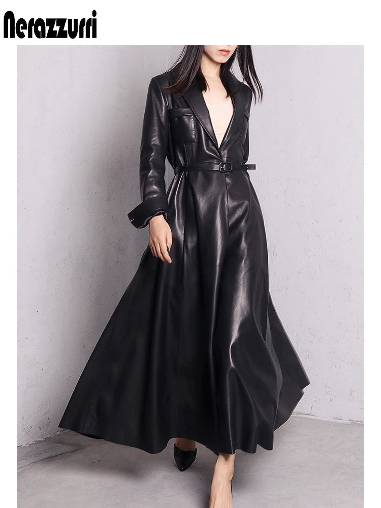 Nerazzurri High Quality Red Black Maxi Pu Leather Trench Coat for Women Extra Long Skirted Elegant Overcoat Fashion 5xl 6xl 7xl - Loja Winner