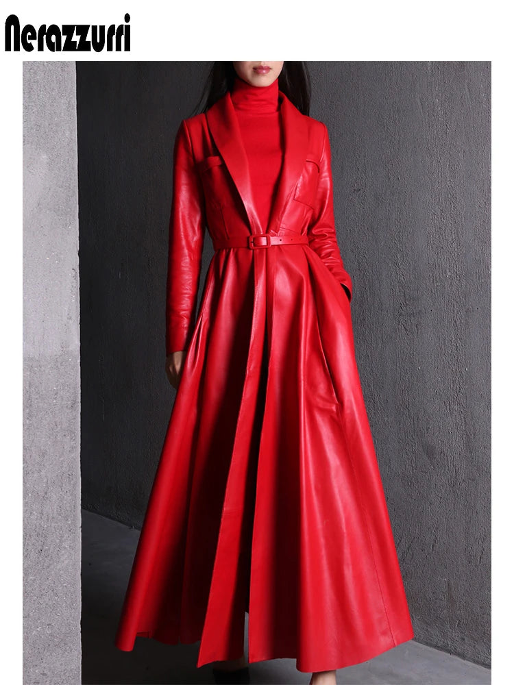 Nerazzurri High Quality Red Black Maxi Pu Leather Trench Coat for Women Extra Long Skirted Elegant Overcoat Fashion 5xl 6xl 7xl - Loja Winner