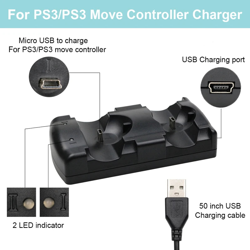 For Sony PS3 For MOVE Controller Charger USB Cable Powered Charging Dock For Playstation 3 Move Joystick Gamepad Controle - Loja Winner