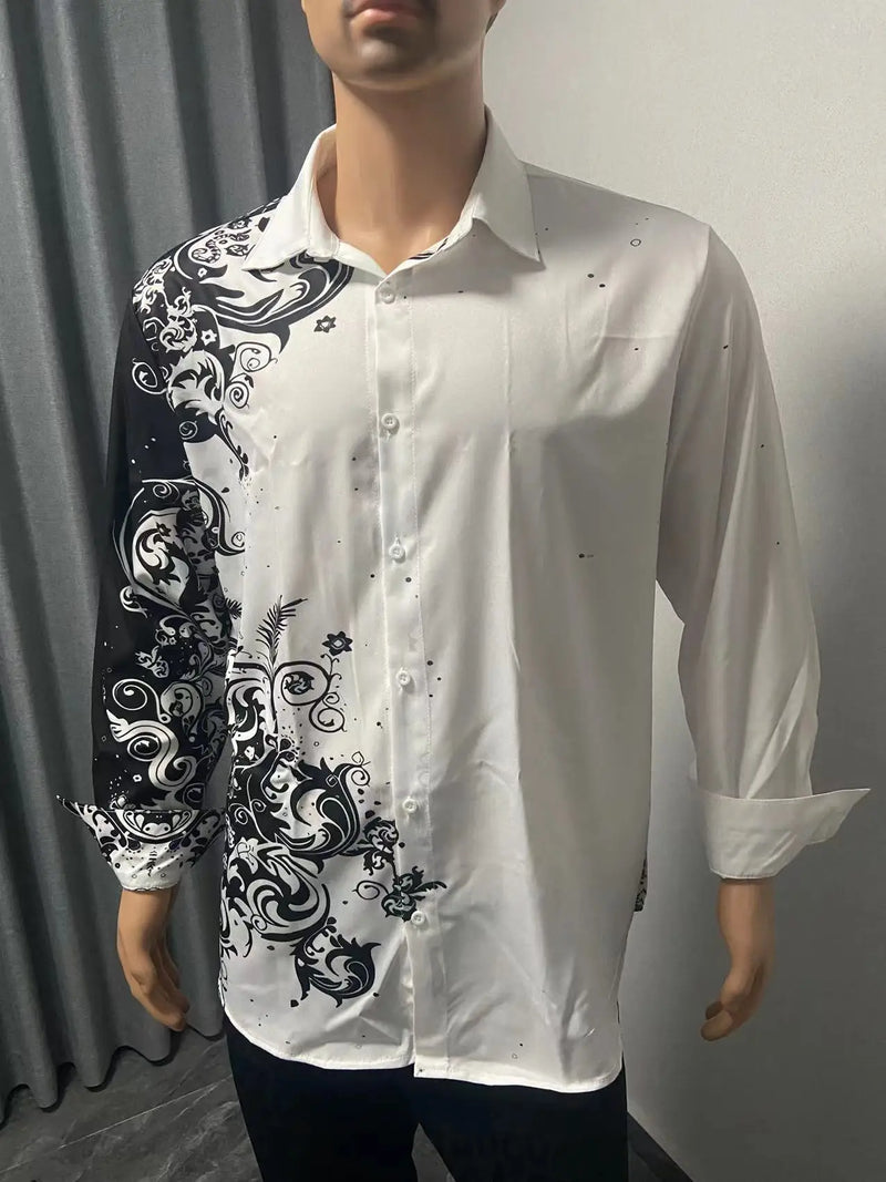 New Boyfriend Shirts Long Sleeve Slim Button Lapel Men's Tops Fall 2023 Fashion 3D Quicksand Print Noble Prom Party Shirts M-3XL - Loja Winner