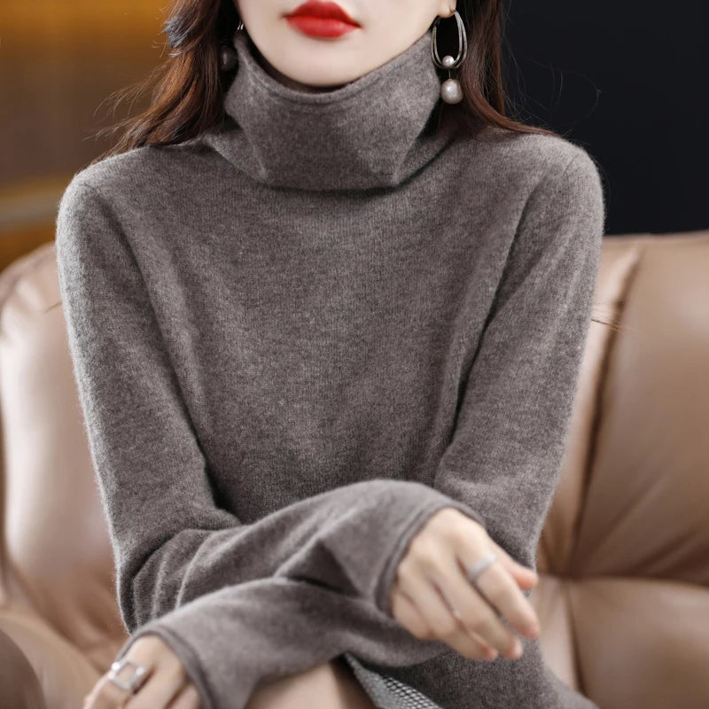 Merino Wool Cashmere Sweater Women's High Stacked Collar Pullover Long Sleeve Winter Knitted Sweater Warm High Quality Jumper - Loja Winner