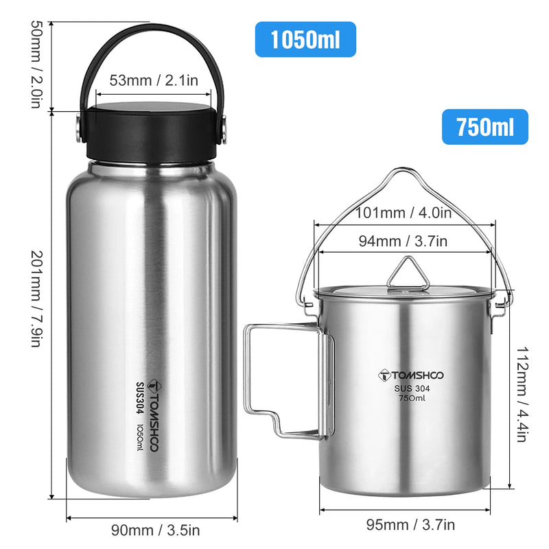 TOMSHOO 1050ml Stainless Steel Water Bottle Leak Proof Sports Kettle with 750ml Cup Coffee Mug Hanging Pot for Camping Hiking - Loja Winner