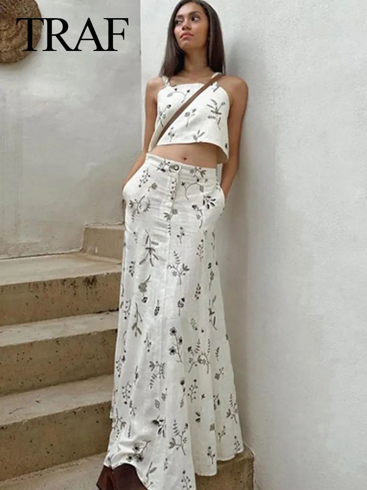 TRAF Summer Women Fashion Elegant Skirt Suits Backless Crop Printed Sleeveless Vest+Drawstring A-Line Skirt Two Pieces Chic Sets - Loja Winner