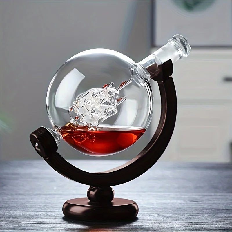 Creative Globe Decanter Set with Lead-free Carafe Exquisite Wood-stand and 2 Whisky Glasses Whiskey Decanter Globe Grade Gift - Loja Winner