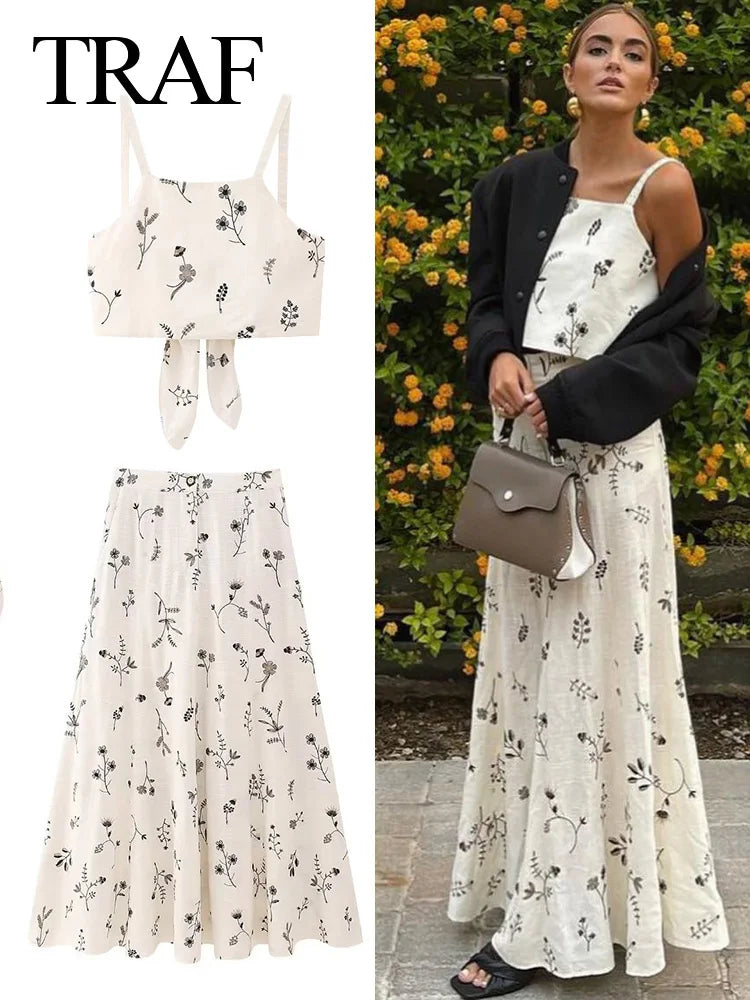 TRAF Summer Women Fashion Elegant Skirt Suits Backless Crop Printed Sleeveless Vest+Drawstring A-Line Skirt Two Pieces Chic Sets - Loja Winner