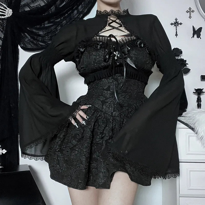 Goth Dark Elegant Lace Up Mall Gothic Crop Shrug Tops Grunge Chiffon Flare Sleeve Blouses Female Black Emo Alternative Cover Up - Loja Winner