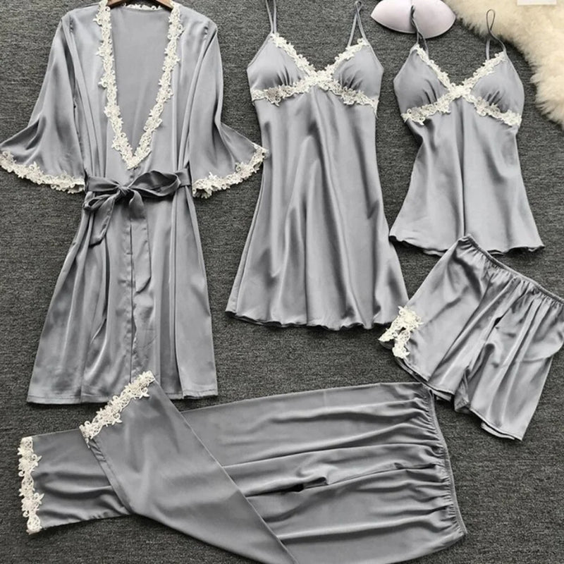 2024 Sexy Five-Piece Pajamas Women's Summer Half Sleeve Bridal Gown Plus Size Homewear Nightgown Bathrobe European and American - Loja Winner