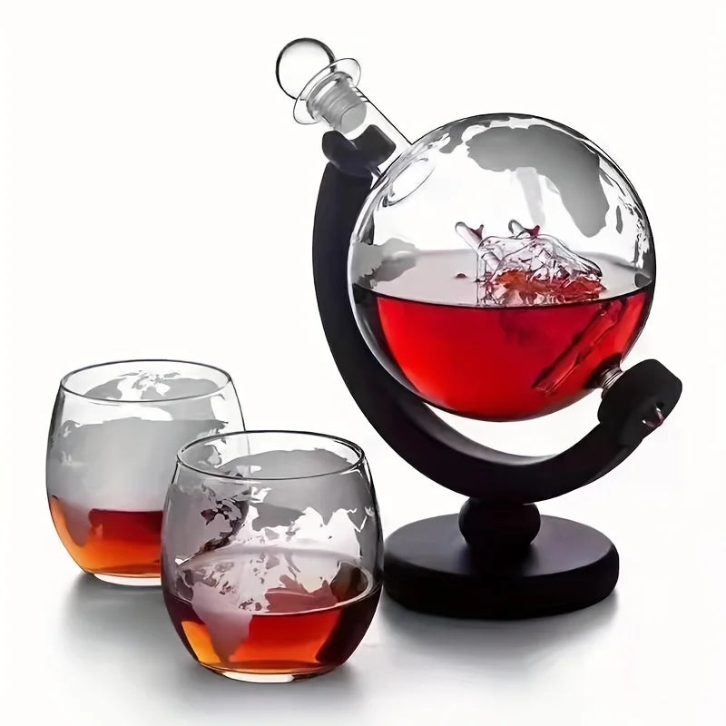 Creative Globe Decanter Set with Lead-free Carafe Exquisite Wood-stand and 2 Whisky Glasses Whiskey Decanter Globe Grade Gift - Loja Winner