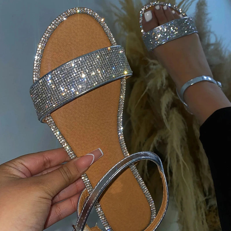 2024 New Summer Rhinestone Sexy Women Sandals Crystal Back Strap Shoes Women Flat with Bling Comfort Sandal Plus Size - Loja Winner