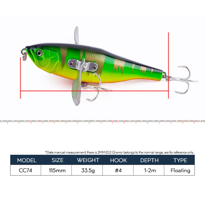 115mm/33.5g Topwater Popper Bait Floating Fishing Lure Hard Body Stainless Metal Wings Wobbler Swimbait Pesca Pike Bass Tackle - Loja Winner