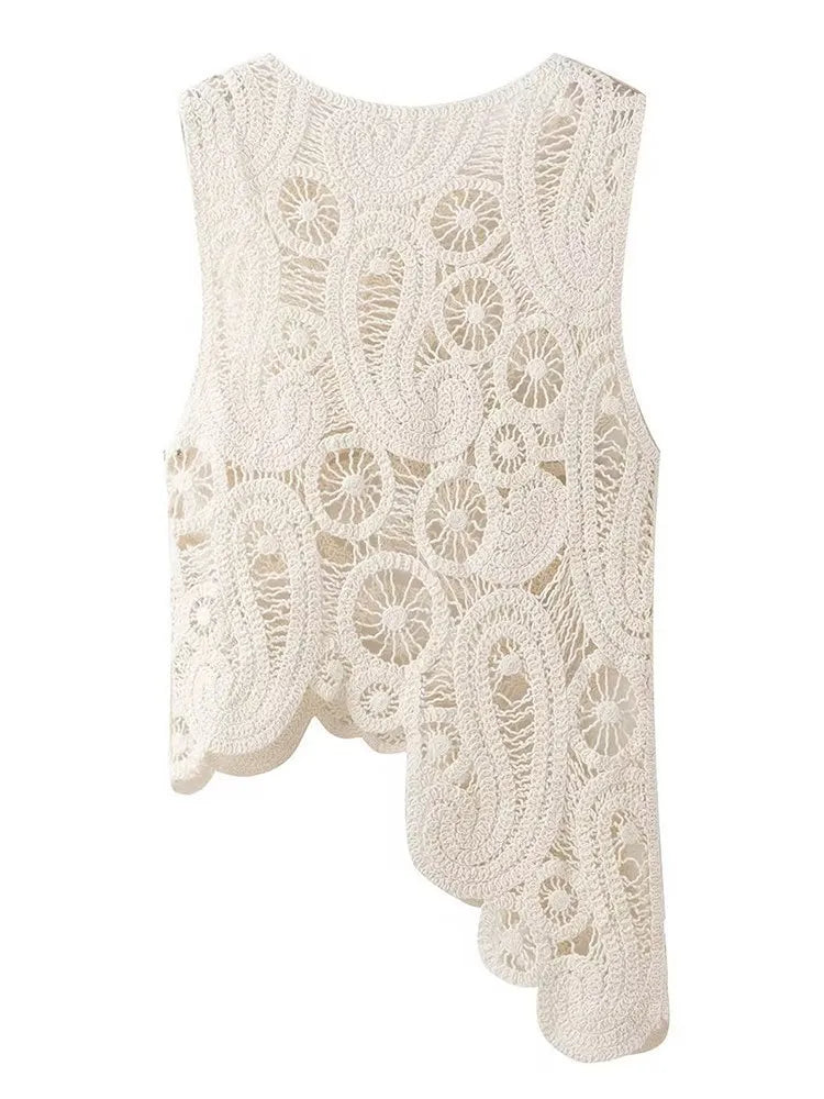VGH asymmetrical knitting vest for women round neck sleeveless off shoulder hollow out soild slimming tank tops female clothing - Loja Winner