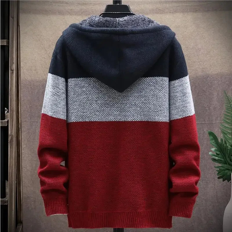Men's Cardigan Hooded Sweater Autumn Winter New Fashion Male Clothing Stitching Color Plus Velvet Thickening Slim Jacket Coat - Loja Winner