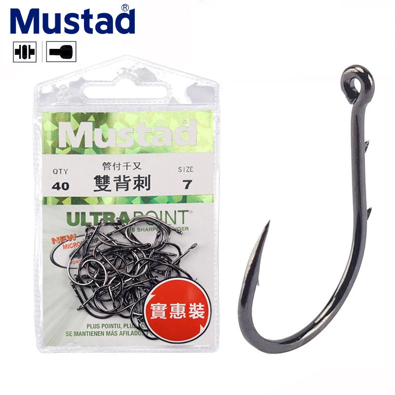 Orginal Mustad Hooks With Ring 10757 High Carbon Steel Peche Anzol Double Back Barbs Lure Wedkarstwo Fishhook 1#-9# Sea Pesca