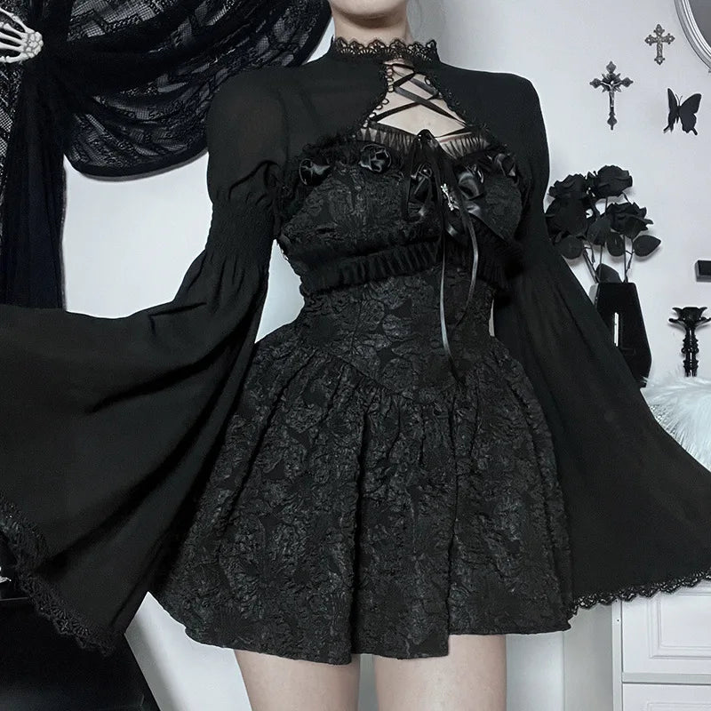 Goth Dark Elegant Lace Up Mall Gothic Crop Shrug Tops Grunge Chiffon Flare Sleeve Blouses Female Black Emo Alternative Cover Up - Loja Winner