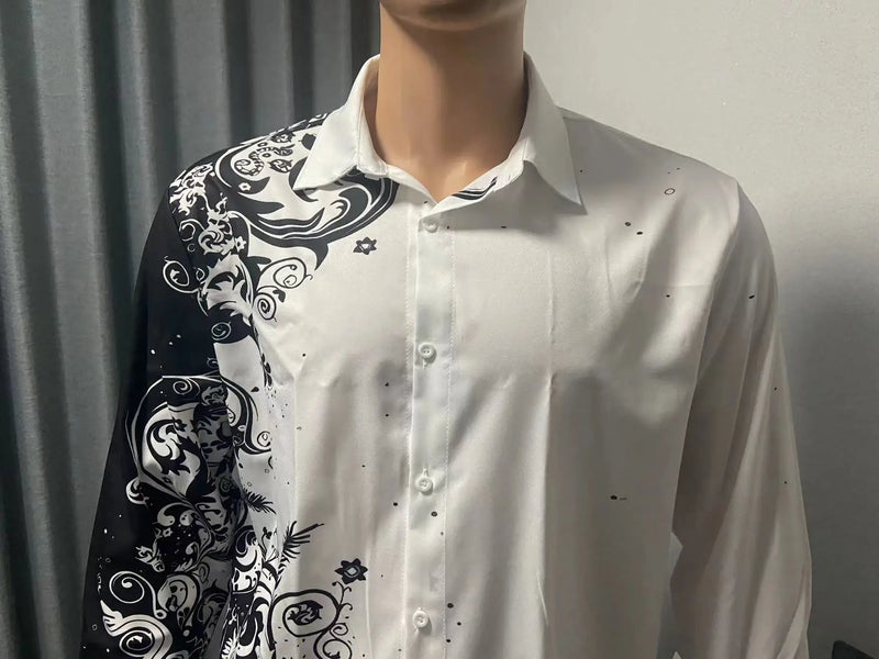 New Boyfriend Shirts Long Sleeve Slim Button Lapel Men's Tops Fall 2023 Fashion 3D Quicksand Print Noble Prom Party Shirts M-3XL - Loja Winner