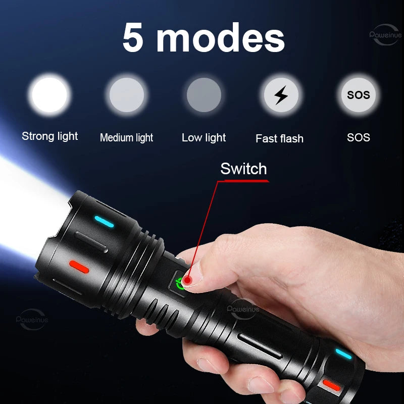 Ultra Powerful Led Flashlight 18650 Tactical Torch Type C Rechargeable Flash Lights XHP360 Camping Lantern Waterproof Hand Lamp - Loja Winner
