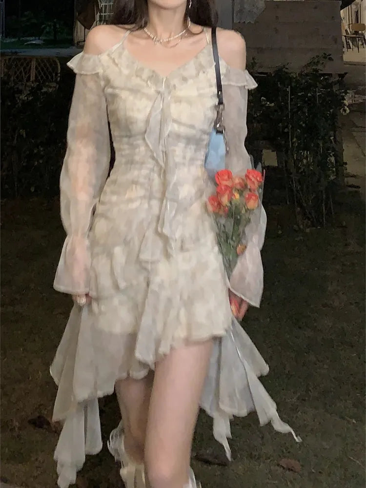 2023 Summer Long Sleeve Floral Fairy Dress Woman Beach Elegant Party Mini Dresses Casual Vintage One Piece Dress Korean Fashion - Loja Winner