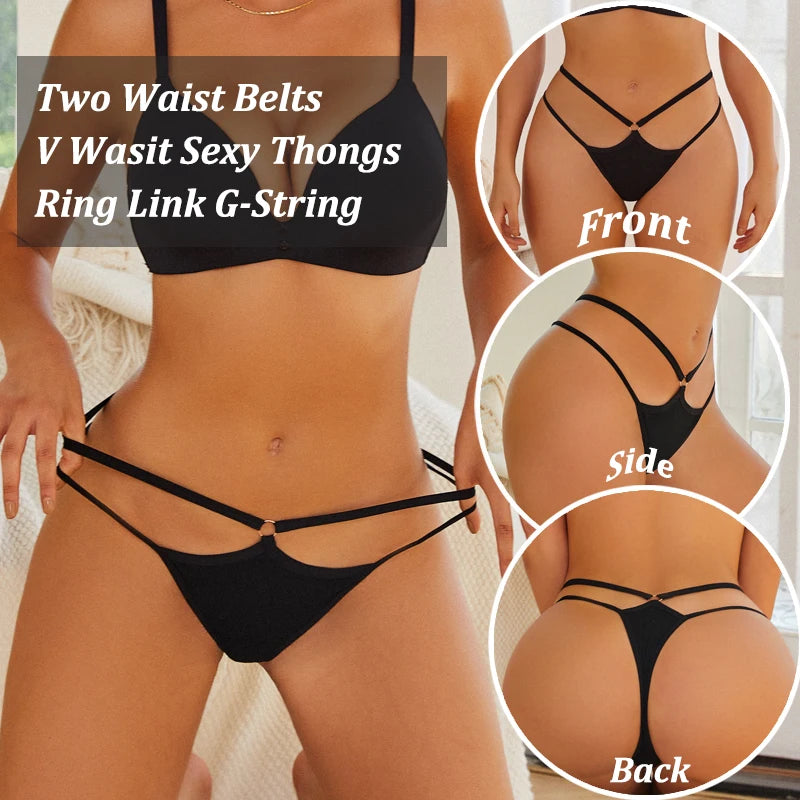 Women Cotton Panties Sexy Low Rise Hollow Out Waist G-String Thongs Ring Link Two Belts Breathable Underwear for Female Lingerie - Loja Winner