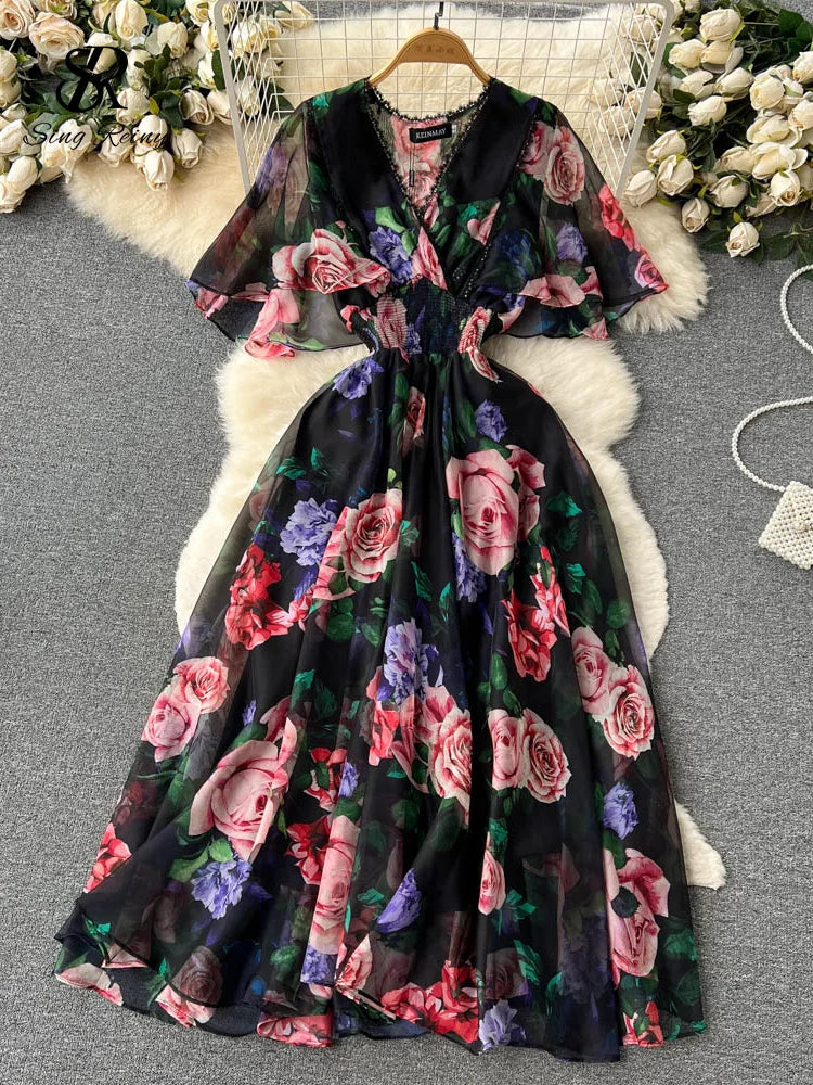 SINGREINY 2023 Print Chiffon Dress Summer V Neck Elastic Sheath Long Temperament Butterfly Sleeve Fashion Floral Beach Dress - Loja Winner