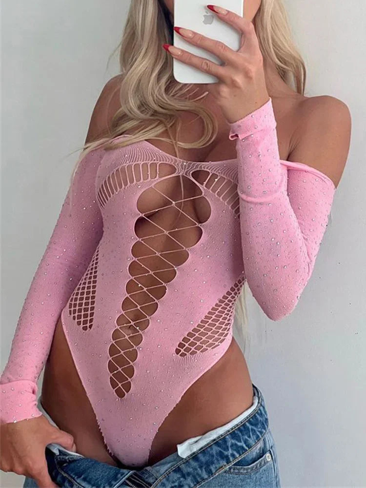 Tossy Pink Lace Bodysuit Tops For Women Off-Shoulder Hollow Out Mesh Sheer Body Top Female Hot Backless Nightclub Lingerie Top - Loja Winner