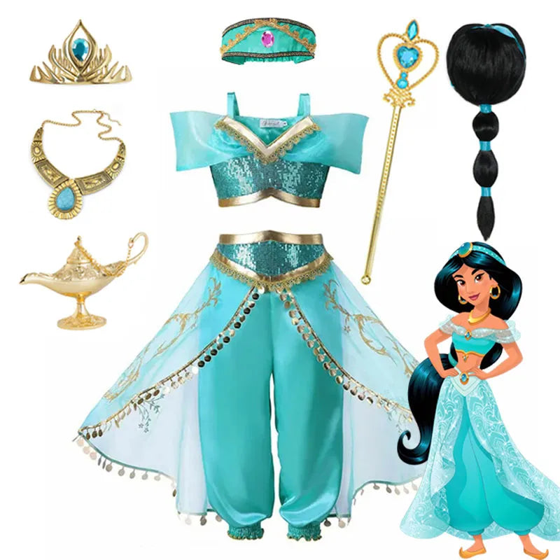 Disney Jasmine Princess Dress of Birthday Party Carnival Cosplay Aladdin Agic Lamp Girls Costume Vestidos Halloween Clothing Set - Loja Winner