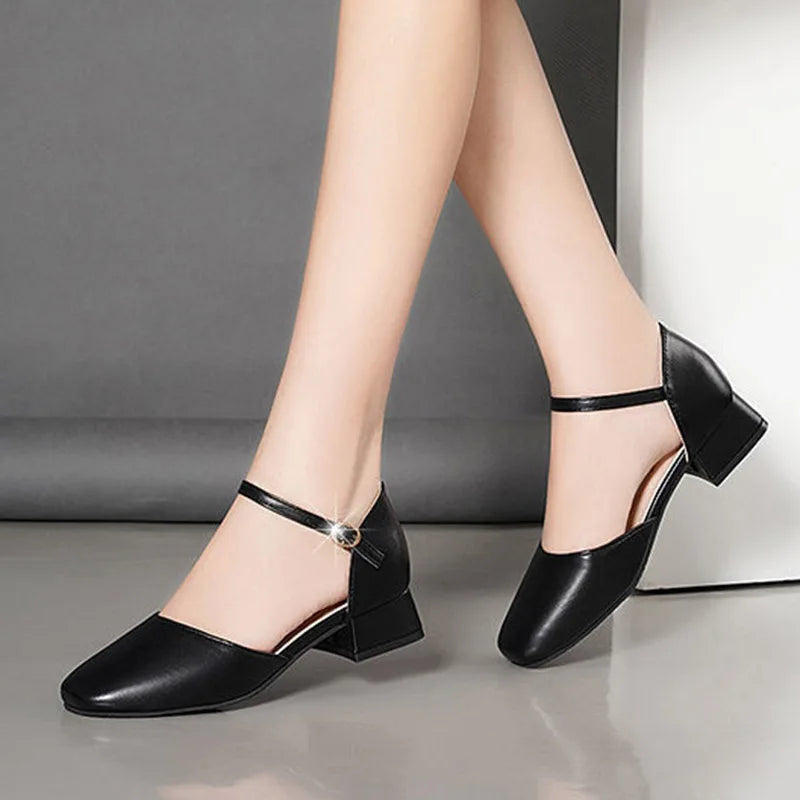 Plus Size 34-42 Women Low Heels Dress Shoes Cover Toe Ankle Strap Sandals Ol Office Lady Shoe Black Mary Janes Ladies Shoe - Loja Winner