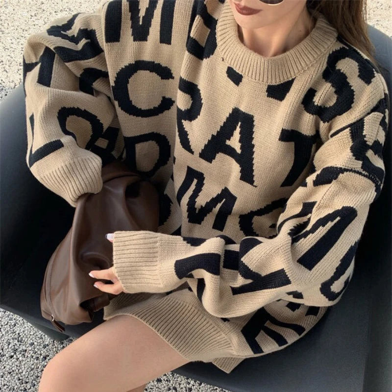 Pullovers Women Autumn Winter All-match O-neck Letter Harajuku Loose Slim Simple Casual Korean Style Fashion Female Sweaters