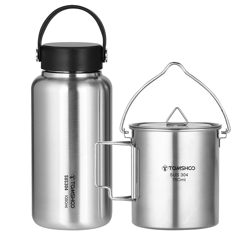 TOMSHOO 1050ml Stainless Steel Water Bottle Leak Proof Sports Kettle with 750ml Cup Coffee Mug Hanging Pot for Camping Hiking - Loja Winner