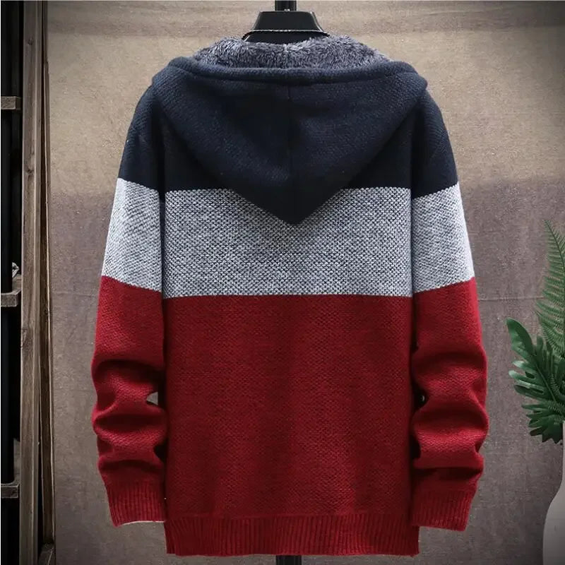 Men's Cardigan Hooded Sweater Autumn Winter New Fashion Male Clothing Stitching Color Plus Velvet Thickening Slim Jacket Coat