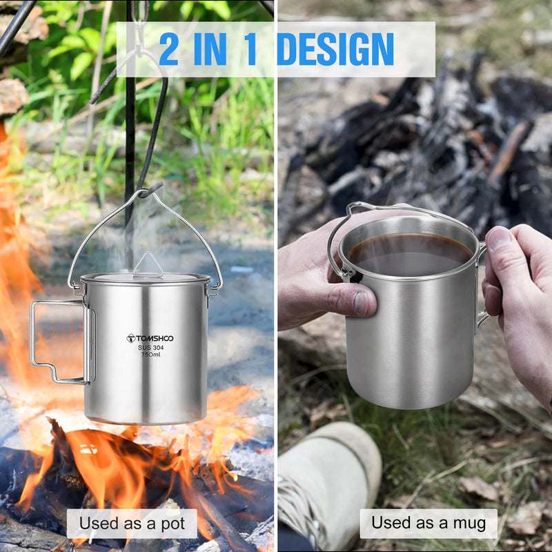 TOMSHOO 1050ml Stainless Steel Water Bottle Leak Proof Sports Kettle with 750ml Cup Coffee Mug Hanging Pot for Camping Hiking