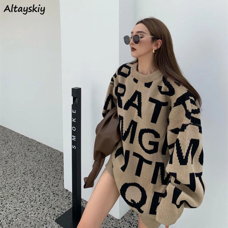 Pullovers Women Autumn Winter All-match O-neck Letter Harajuku Loose Slim Simple Casual Korean Style Fashion Female Sweaters