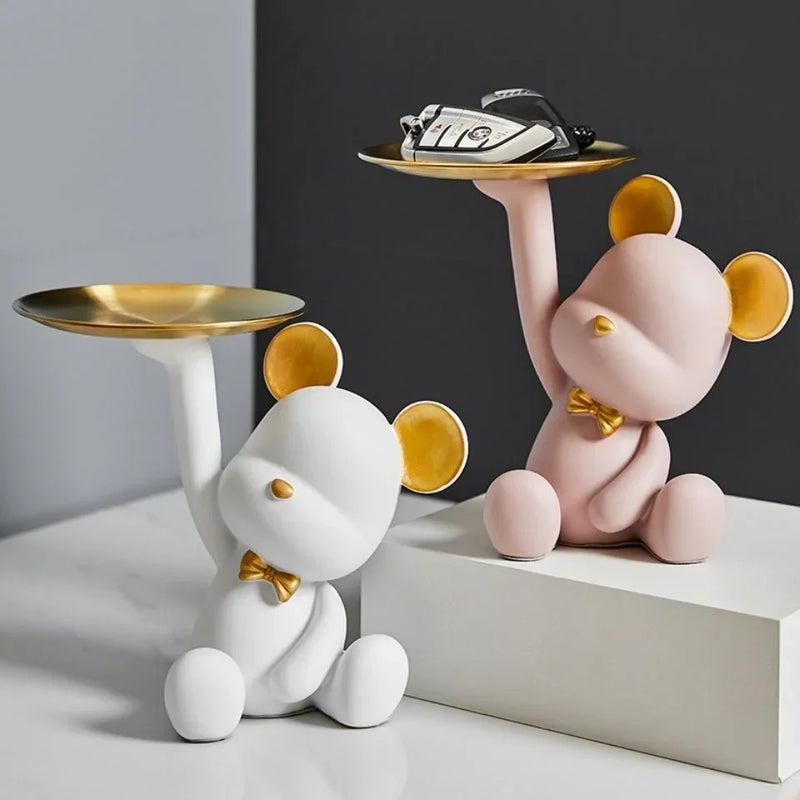 Bear Statue Decor Key Storage Tray Nordic Creative Crafts Holder Living Room Desk Table Decoration Candy Disc Cute Modern Home